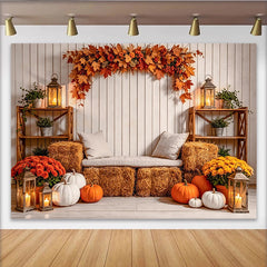Lofaris Rustikaler Herbsthintergrund mit Kürbissen und Holzwand, gemütliche Kulisse für herbstliche Fotografie im Studio