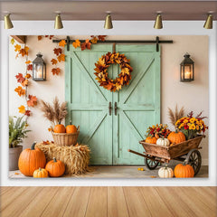 Lofaris Rustikaler Herbst-Scheunentür-Hintergrund mit Kürbissen und Laternen, stimmungsvolle Fotokulisse für Erntedankfest Dekoration