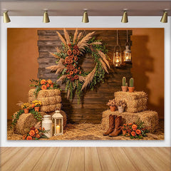 Lofaris Rustikaler Western Fotohintergrund mit Heuballen und Pampasgras, Vintage Kulisse für Fotoshooting und Country Party Dekoration
