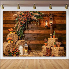 Lofaris Rustikaler Western Fotohintergrund mit Heuballen und Holzstruktur, warme Kulisse für Herbstfotoshootings und Events