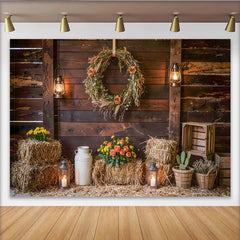 Lofaris Rustikaler Bauernhof-Fotohintergrund mit Holzstruktur und Heuballen, ländliche Kulisse für professionelles Fotoshooting