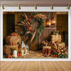 Lofaris Rustikaler Herbst Scheunen-Fotohintergrund mit Blumenkranz und Heuballen, Vintage Landhaus Kulisse für Fotoshootings und Events