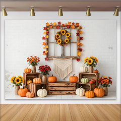 Lofaris Herbstlicher Ernte-Hintergrund mit Kürbissen und Sonnenblumen, rustikale Fotokulisse für herbstliche Fotoshootings