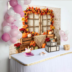 Lofaris Herbstlicher Kürbis-Hintergrund mit Sonnenblumen und Holzfenster, rustikale Fotokulisse für herbstliche Dekoration