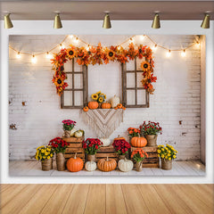 Lofaris Rustikaler Herbst-Hintergrund mit Holzfenster und bunten Blättern, gemütliche Erntedank-Fotokulisse für Familienfotos