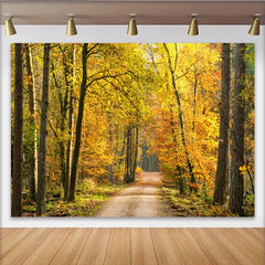 Lofaris Goldener Herbstwald Hintergrund mit sonnigem Waldweg, wunderschöne Fotokulisse für Naturfotografie und Herbstdekoration