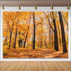 Lofaris Goldener Herbstwaldhintergrund mit sonnigen Blättern und Waldweg, natürliche Fotowand für professionelle Fotografie