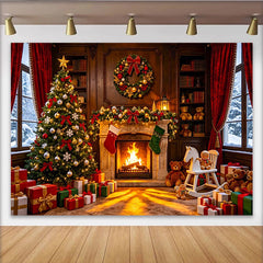Lofaris Gemütlicher Weihnachts-Hintergrund mit Kamin und Baum, festliche Winter-Fotokulisse für Familienfotos und Partydekoration