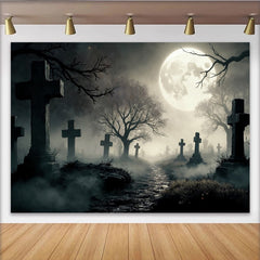 Lofaris Gruseliger Friedhof Halloween-Hintergrund mit Vollmond und Nebel, unheimliche Kulisse für Horrorfotografie und Partydekoration