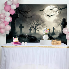 Lofaris Gruseliger Friedhof Halloween-Hintergrund mit Vollmond und Fledermäusen, dunkle Nebel Kulisse für gruselige Party Dekoration