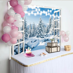 Lofaris Winterlandschaft Fotohintergrund mit offenem Fenster und Lichterkette, realistische Kulisse für stimmungsvolle Winterfotos