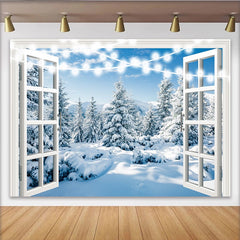 Lofaris Winterlandschaft Fotohintergrund mit offenem Fenster und Lichterkette, realistische Kulisse für stimmungsvolle Winterfotos