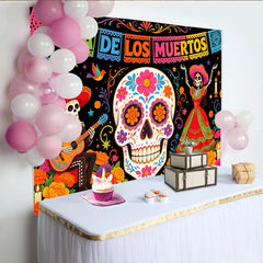 Lofaris Farbenfroher Día de los Muertos Hintergrund mit Zuckerschädeln und Skeletten, festliche mexikanische Kulisse für Partydekoration