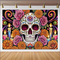 Lofaris Bunter Dia-de-los-Muertos-Hintergrund mit Zuckerschädel Rosen und Kerzen, festliche Fotowand für mexikanische Feierlichkeiten