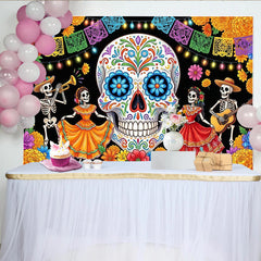 Lofaris Bunter Día de Muertos Zuckerschädel Hintergrund mit Skeletten, festliche mexikanische Fotowand für Feierlichkeiten und Dekoration