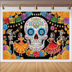 Lofaris Bunter Día de Muertos Zuckerschädel Hintergrund mit Skeletten, festliche mexikanische Fotowand für Feierlichkeiten und Dekoration