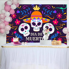 Lofaris Farbenfroher Dia de los Muertos Hintergrund mit Zuckerschädeln und Sombrero, mexikanische Party Kulisse für Feierlichkeiten
