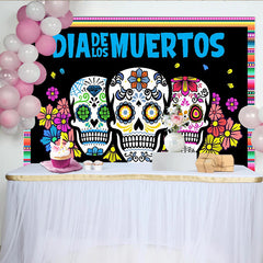 Lofaris Bunter Dia de los Muertos Hintergrund mit Zuckerschädeln und Blumen, festliche Fotowand für mexikanische Feiern und Dekoration