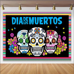 Lofaris Bunter Dia de los Muertos Hintergrund mit Zuckerschädeln und Blumen, festliche Fotowand für mexikanische Feiern und Dekoration
