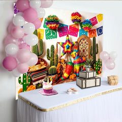 Lofaris Bunter Mexikanische Fiesta Hintergrund mit Papel Picado und Piñatas, lebendige Fotowand für Partydekoration und Fotoshooting