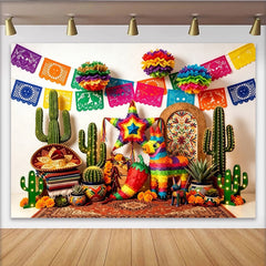 Lofaris Bunter Mexikanische Fiesta Hintergrund mit Papel Picado und Piñatas, lebendige Fotowand für Partydekoration und Fotoshooting