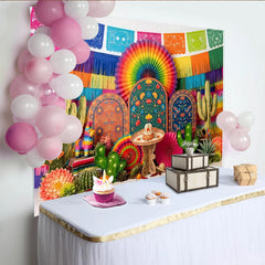 Lofaris Bunter Mexikanischer Fiesta Hintergrund mit Kaktus Piñata und Papel Picado, lebendige Fotowand für festliche Partydekoration