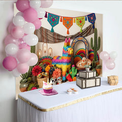 Lofaris Bunter Mexikanischer Fiesta Hintergrund mit Piñata Kakteen und Zuckerschädeln, lebendige Party Fotokulisse für Cinco de Mayo Feiern