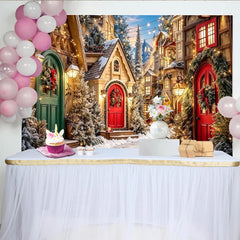 Lofaris Festlicher Weihnachtsdorf Hintergrund mit Schnee und Lichterketten, winterliche Kulisse für Fotoshooting und Dekoration