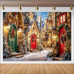 Lofaris Festlicher Weihnachtsdorf Hintergrund mit Schnee und Lichterketten, winterliche Kulisse für Fotoshooting und Dekoration