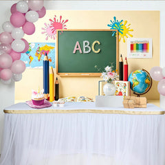 Lofaris Bunter Schulanfangshintergrund ABC Kreidetafel Weltkarte, Lernkulisse für Kinder und Einschulungsfeier mit Buntstiften und Globus