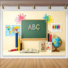 Lofaris Bunter Schulanfangshintergrund ABC Kreidetafel Weltkarte, Lernkulisse für Kinder und Einschulungsfeier mit Buntstiften und Globus