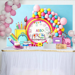 Lofaris Bunter ABC-Lernhintergrund für Kinder mit Schulmaterialien, spielerische Fotowand für Fotoshooting und Dekoration