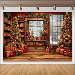 Lofaris Festlicher Weihnachtshintergrund mit Bibliothek und verschneitem Fenster, gemütliche Fotokulisse für Winterfotoshootings