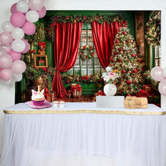 Lofaris Festlicher roter und grüner Weihnachtshintergrund mit Baum und Geschenken, gemütliche Kulisse für Familienfotos und Partydekoration
