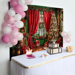 Lofaris Festlicher roter und grüner Weihnachtshintergrund mit Baum und Geschenken, gemütliche Kulisse für Familienfotos und Partydekoration