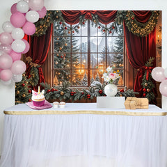 Lofaris Roter Samt Weihnachtshintergrund mit verschneitem Fensterblick und Weihnachtsbaum, festliche Winterkulisse für Fotoshootings