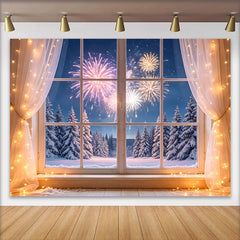 Lofaris Winterlicher Neujahrs-Hintergrund mit festlichem Lichterglanz und verschneitem Wald, Fotokulisse für Silvesterpartydekoration