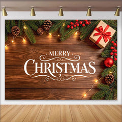 Lofaris Frohe Weihnachten Holz Hintergrund mit Tannenzweigen und Lichtern, festliche Kulisse für Weihnachtsfeier und Fotoshooting