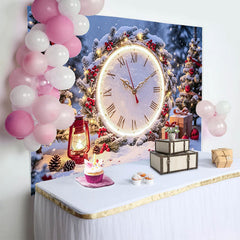 Lofaris Verschneiter Weihnachtsuhr Hintergrund mit Tannenbäumen und Geschenken, festliche Winterkulisse für Fotoshooting