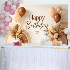 Lofaris Boho Happy Birthday Hintergrund mit Pampasgras und Luftballons, elegante Kulisse für Fotoshootings und Partydekoration