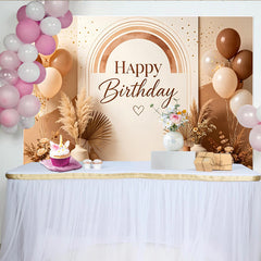 Lofaris Boho Happy Birthday Hintergrund mit Regenbogen und Luftballons, natürliche Kulisse für Geburtstagsparty und Fotoshooting