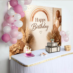 Lofaris Boho Happy Birthday Hintergrund mit Regenbogen und Luftballons, natürliche Kulisse für Geburtstagsparty und Fotoshooting