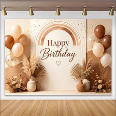 Lofaris Boho Happy Birthday Hintergrund mit Regenbogen und Luftballons, natürliche Kulisse für Geburtstagsparty und Fotoshooting