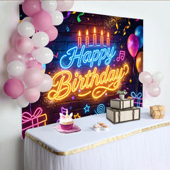 Lofaris Leuchtender Neon Geburtstagshintergrund mit Happy Birthday Schriftzug, bunte Luftballons und Geschenke als Party Fotowand