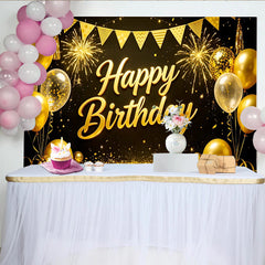 Lofaris Goldener glitzernder Happy Birthday Hintergrund mit Ballons und Feuerwerk, elegante Kulisse für festliche Partydekoration