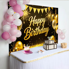 Lofaris Goldener glitzernder Happy Birthday Hintergrund mit Ballons und Feuerwerk, elegante Kulisse für festliche Partydekoration