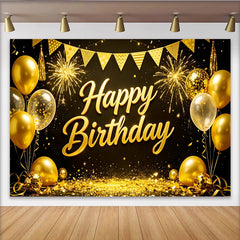 Lofaris Goldener glitzernder Happy Birthday Hintergrund mit Ballons und Feuerwerk, elegante Kulisse für festliche Partydekoration