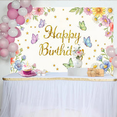 Lofaris Goldglitzer Happy Birthday Blumenhintergrund mit bunten Schmetterlingen, frühlingshafte Fotowand für festliche Partydekoration