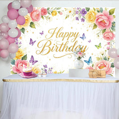 Lofaris Goldener Happy Birthday Blumen Geburtstagshintergrund mit Schmetterlingen, elegante Fotowand für Mädchen und Kindergeburtstagsparty