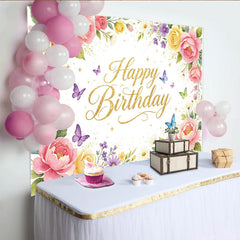 Lofaris Goldener Happy Birthday Blumen Geburtstagshintergrund mit Schmetterlingen, elegante Fotowand für Mädchen und Kindergeburtstagsparty